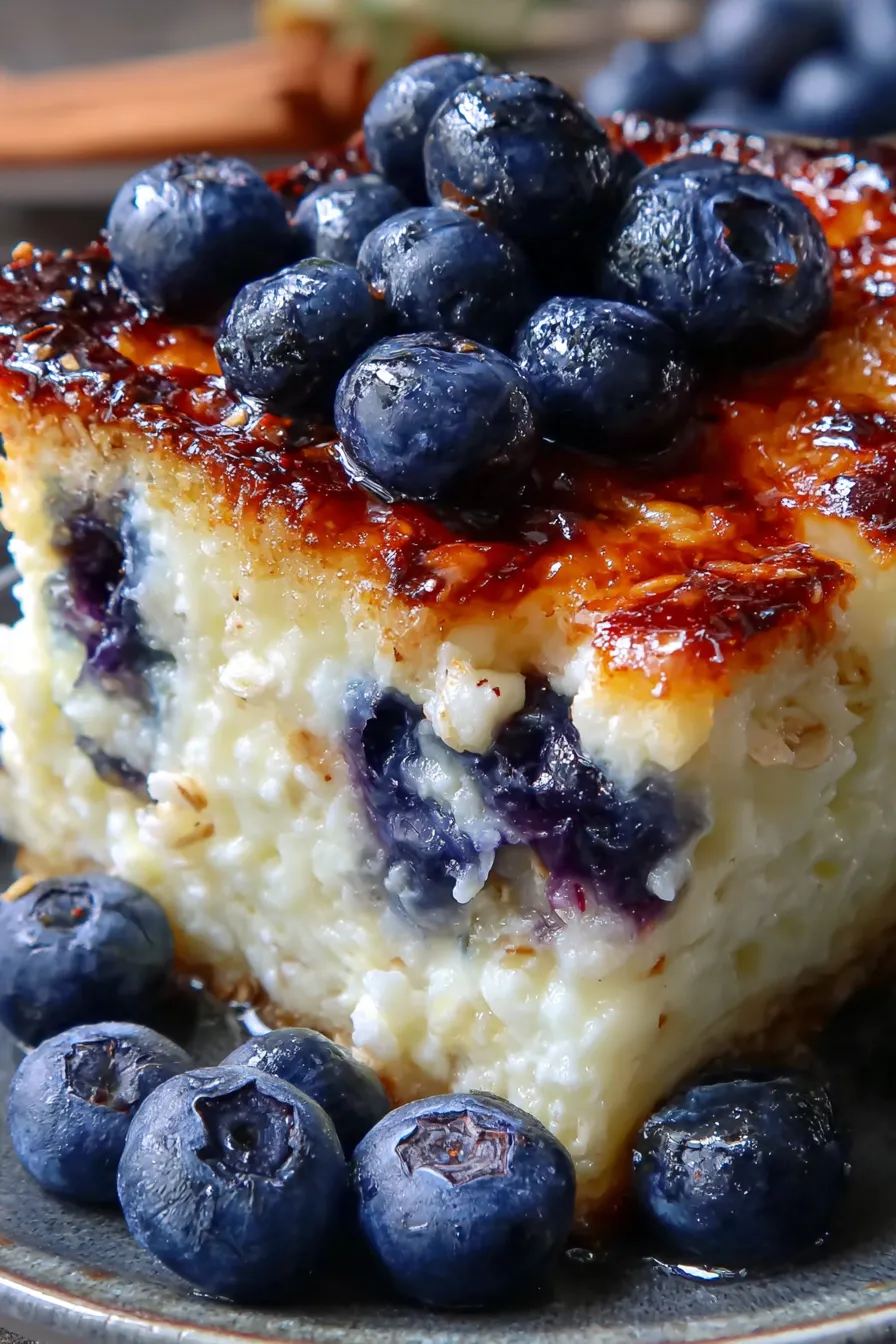 Blueberry cottage cheese bake sliced in an 8x8 pan