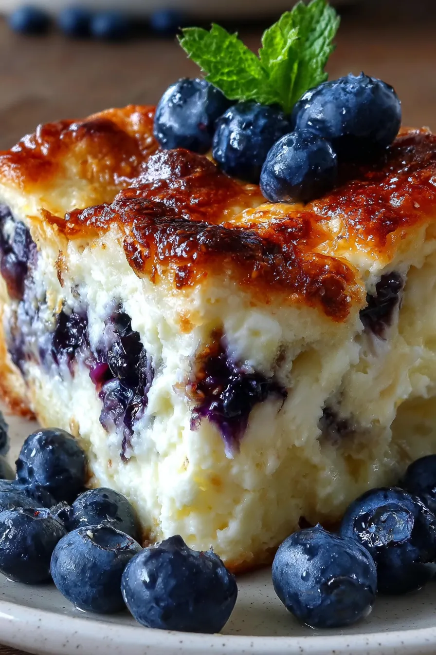 Close-up of a slice showing blueberries and oat texture