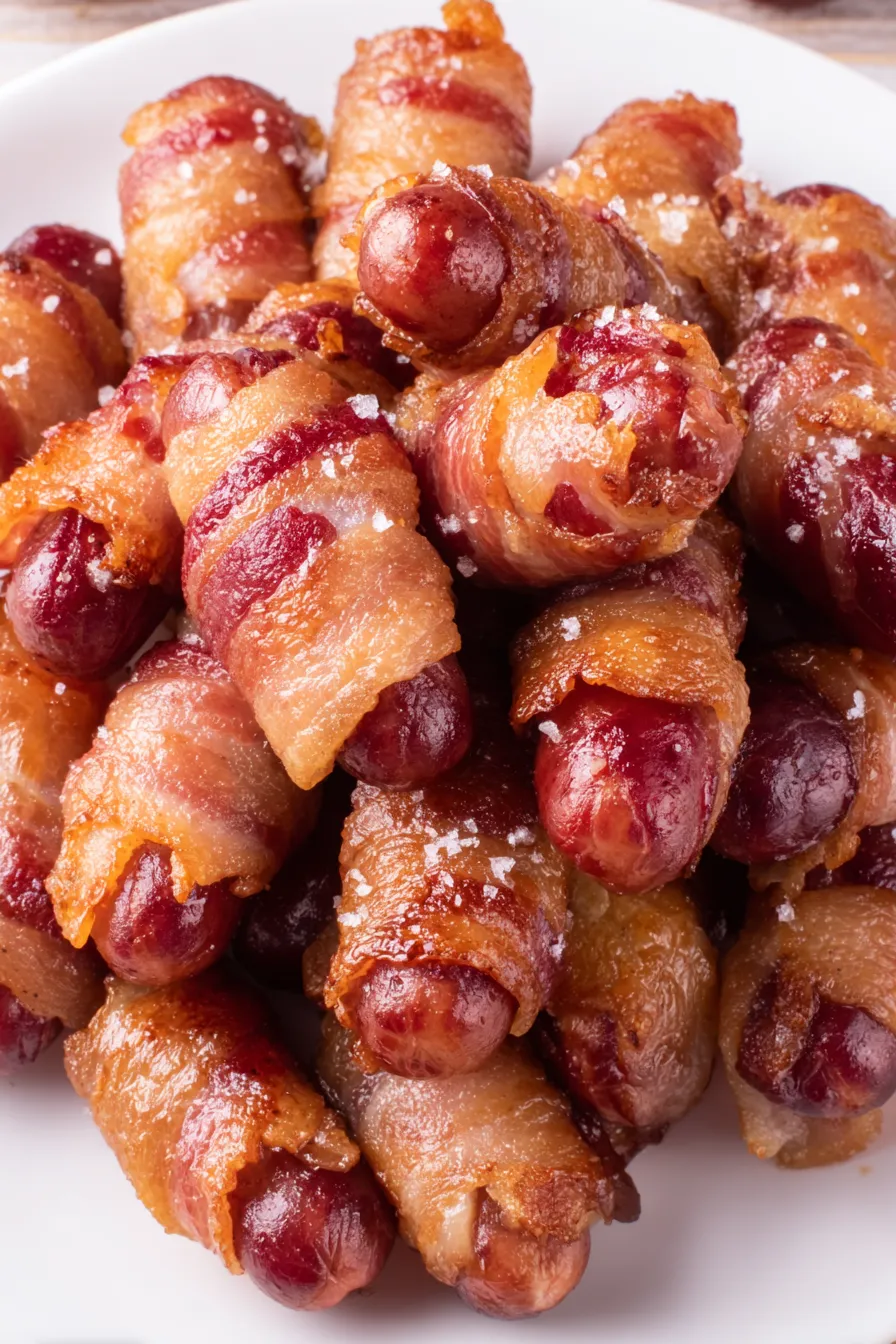 Baked bacon wrapped smokies glistening with brown sugar glaze