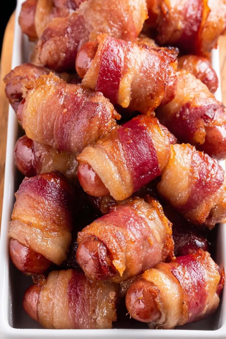 Uncooked bacon wrapped smokies arranged in a baking dish