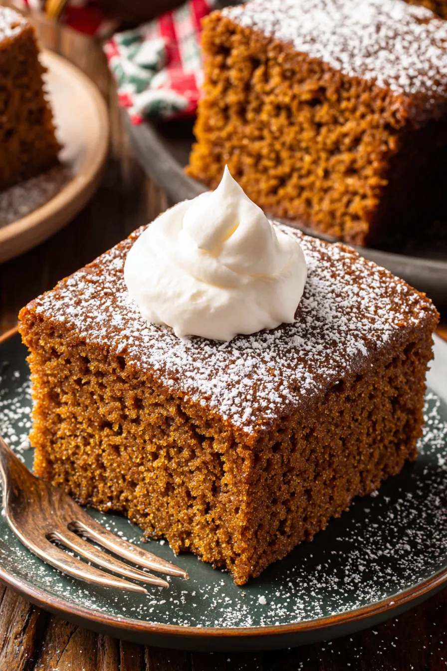 Slice of gingerbread cake with whipped cream