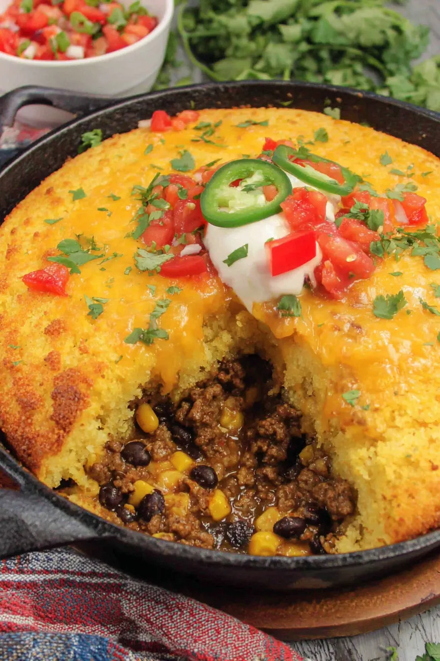 Skillet cowboy cornbread casserole with melted cheese