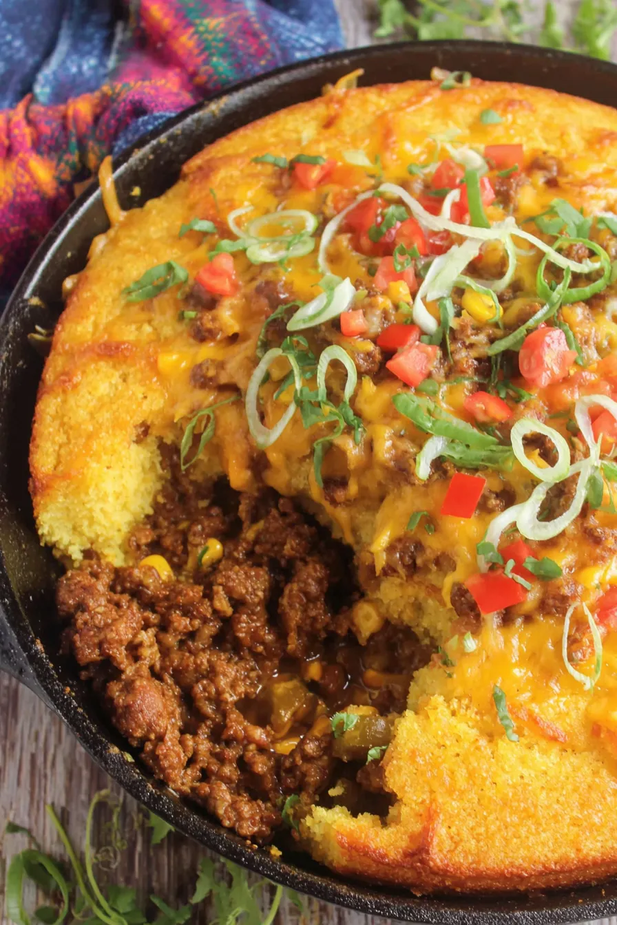 Close-up of cornbread topping and filling