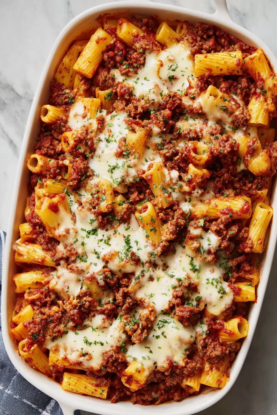 Baked ziti bubbling in a dish