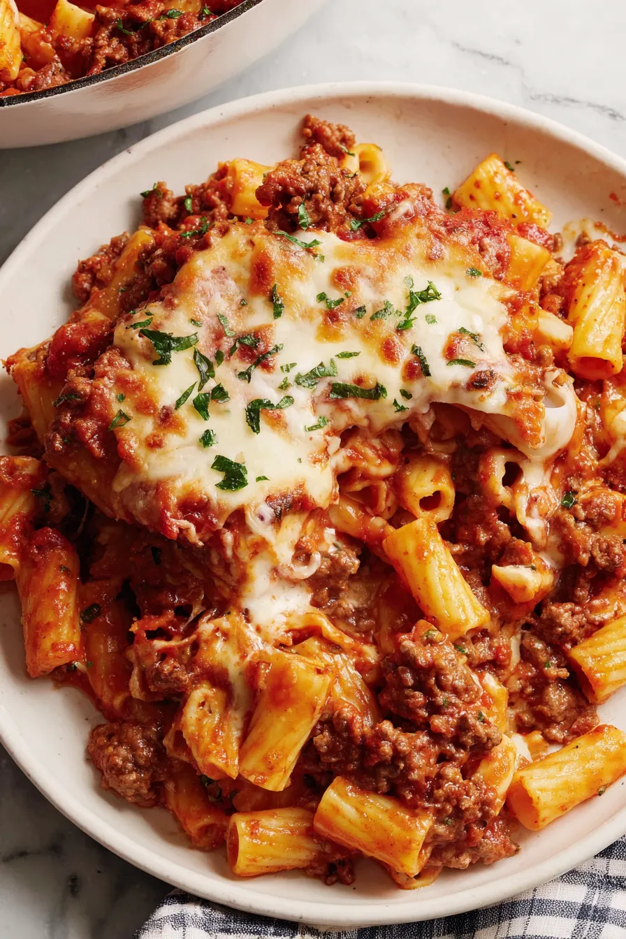 Close-up of melted mozzarella on baked ziti