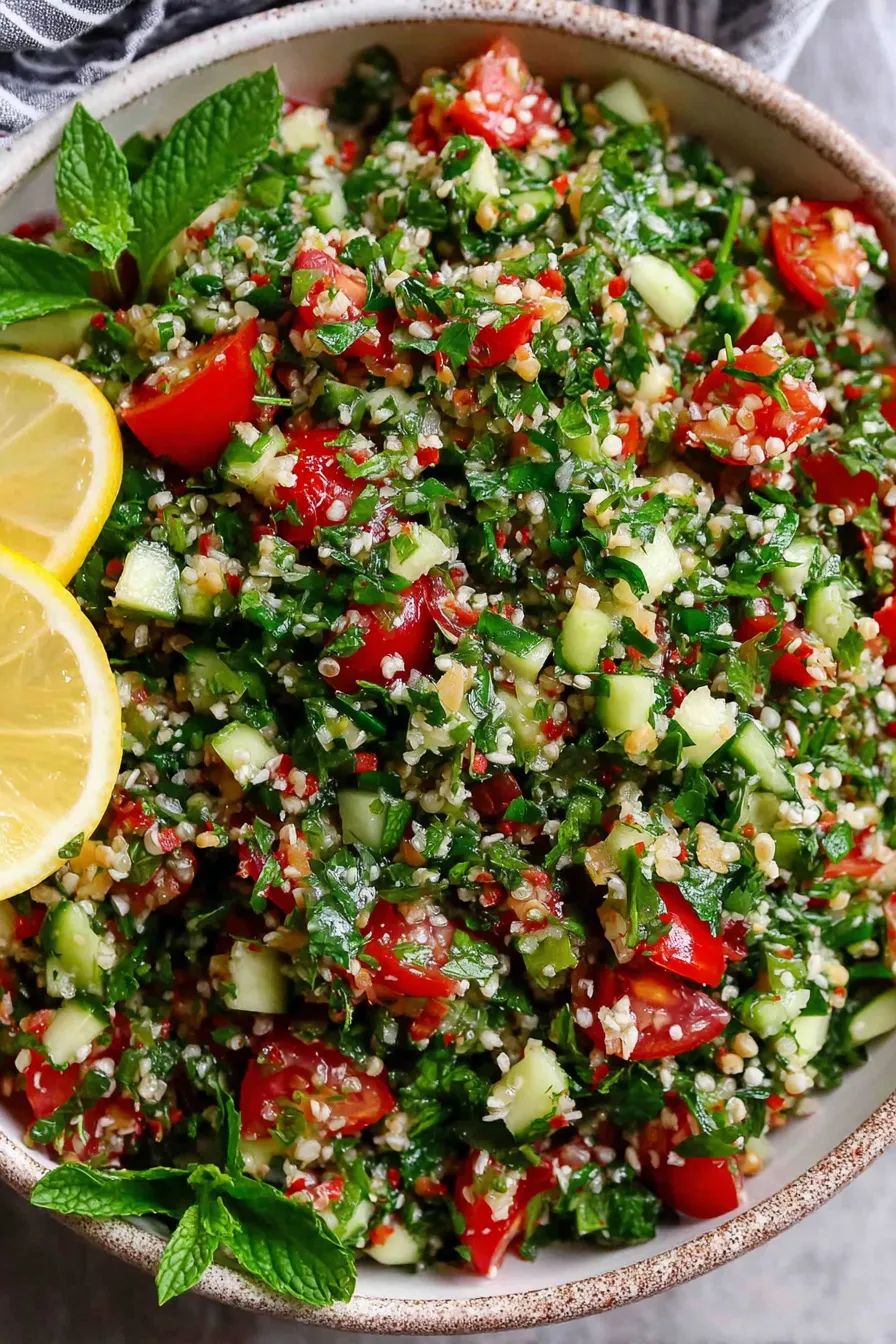 Tabouli in a serving bowl with lemon wedges