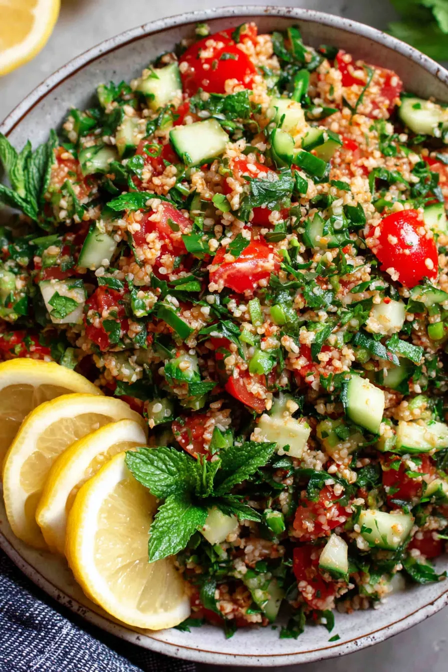 Close up of chopped parsley and herbs for tabouli