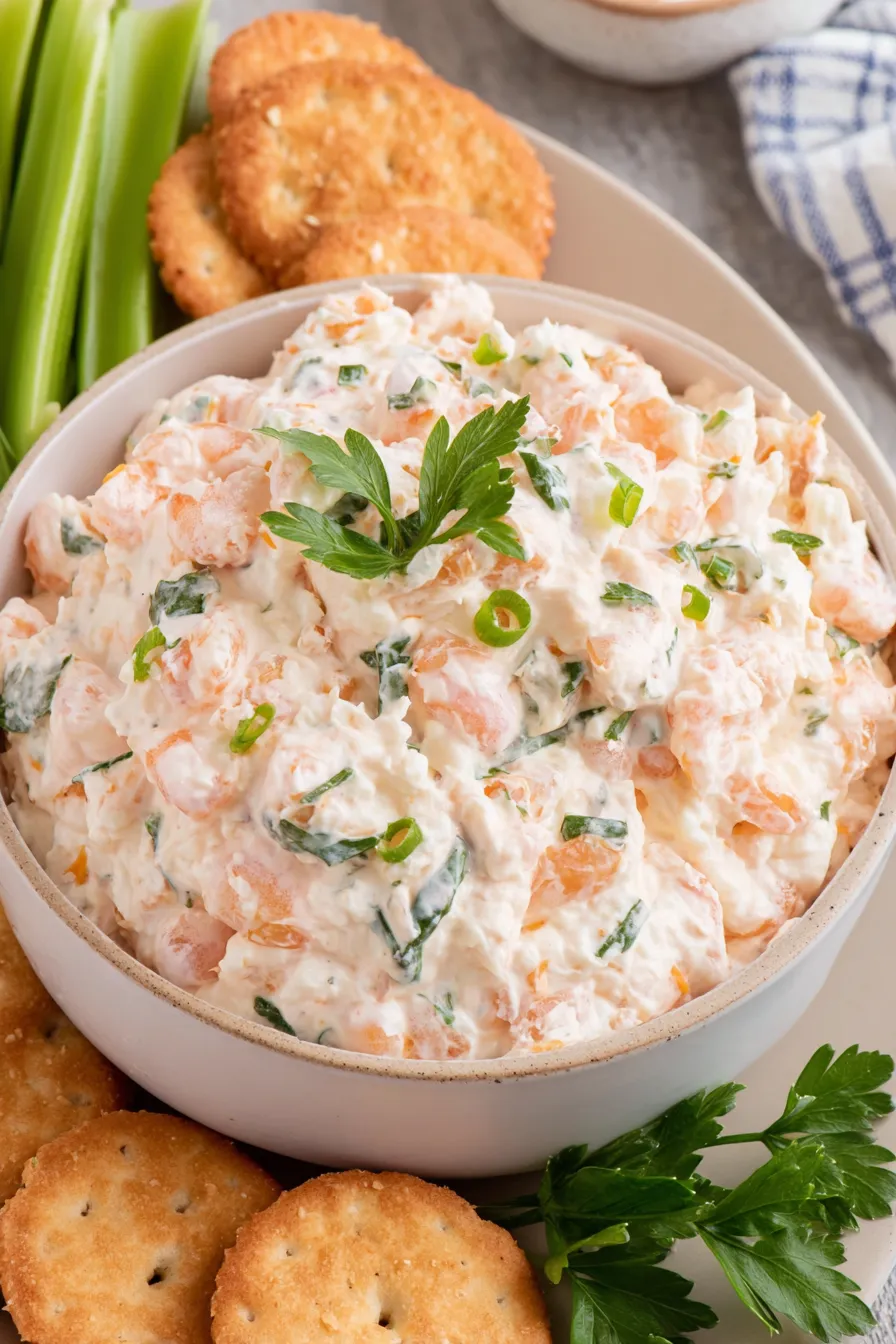 shrimp dip served with crackers and herbs