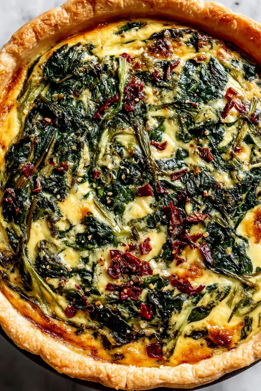 Freshly sliced quiche on a serving board