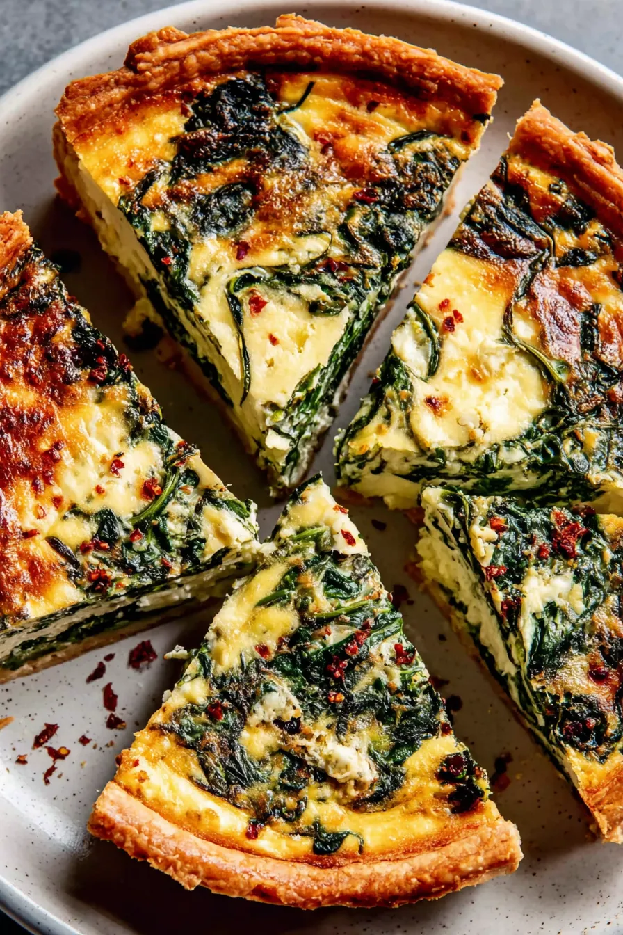 Golden baked spinach quiche slice