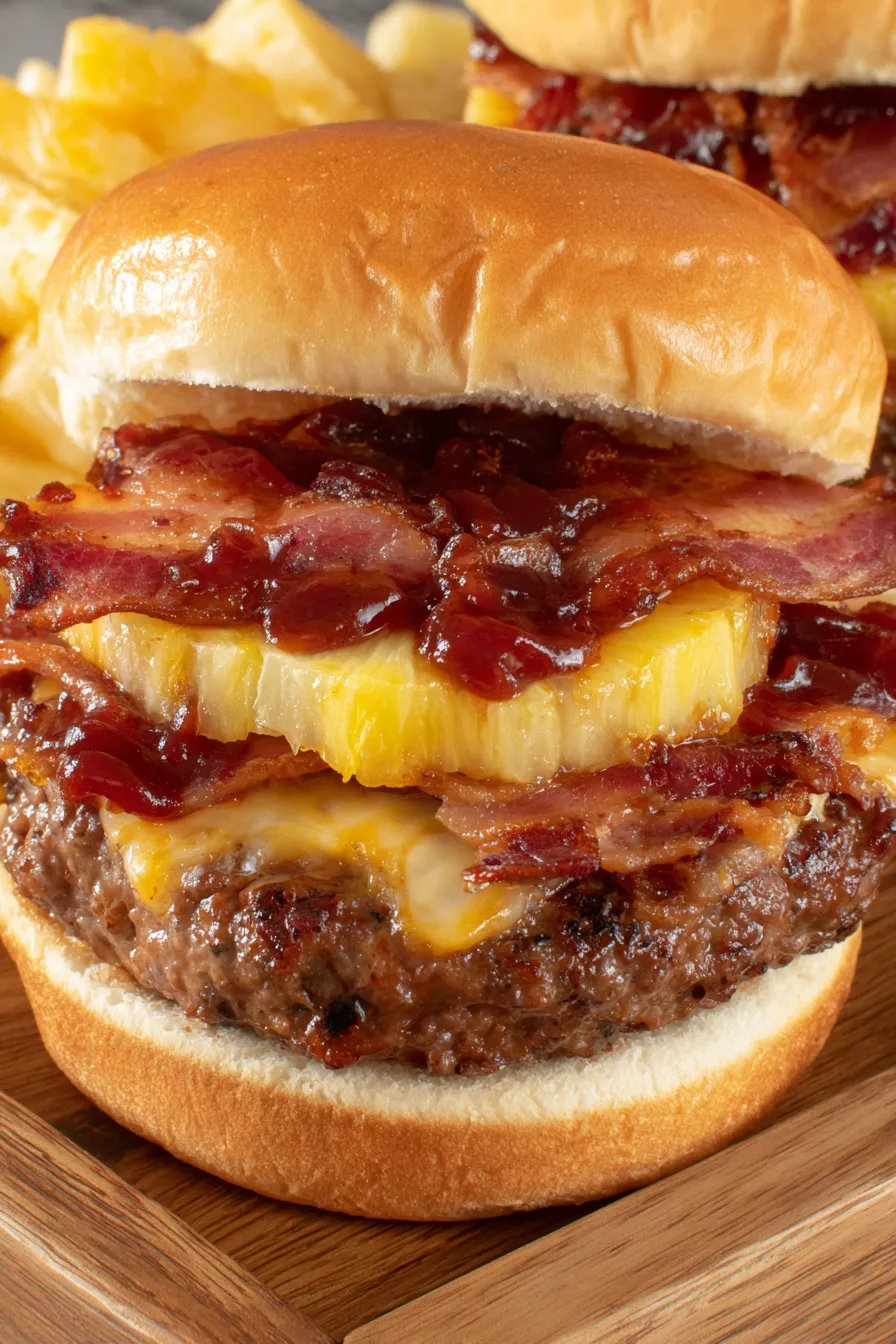 Pineapple bacon burgers on a wire rack