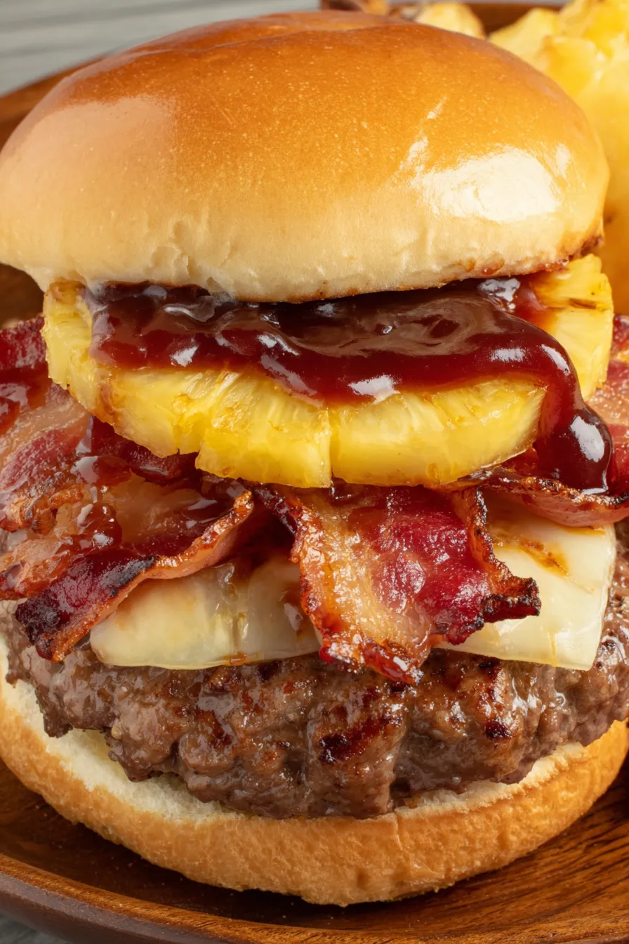 Close up of finished pineapple bacon burger on brioche