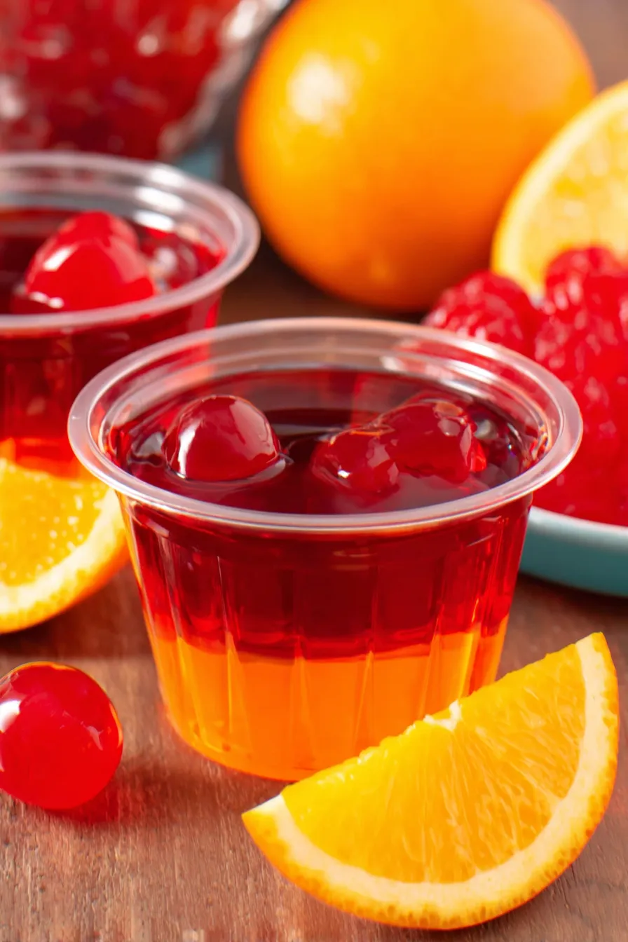 Layered tequila sunrise jello shots in clear cups on a tray