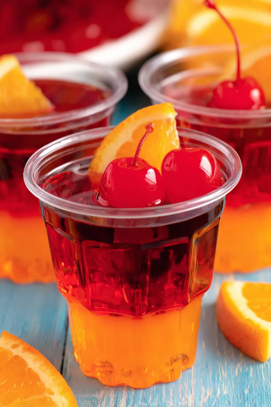 Close up of a tequila sunrise jello shot with orange wedge and cherry