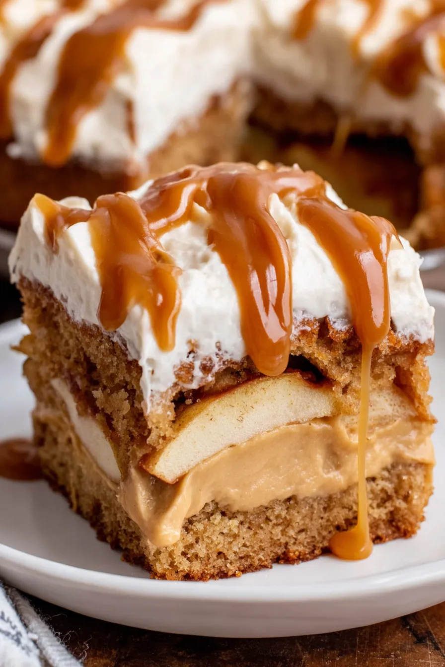 Vegan apple spice cake with caramel frosting on a cooling rack