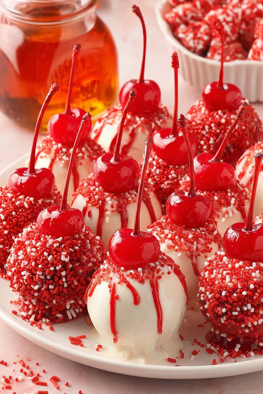 Close-up of Fireball cherry dipped in white chocolate