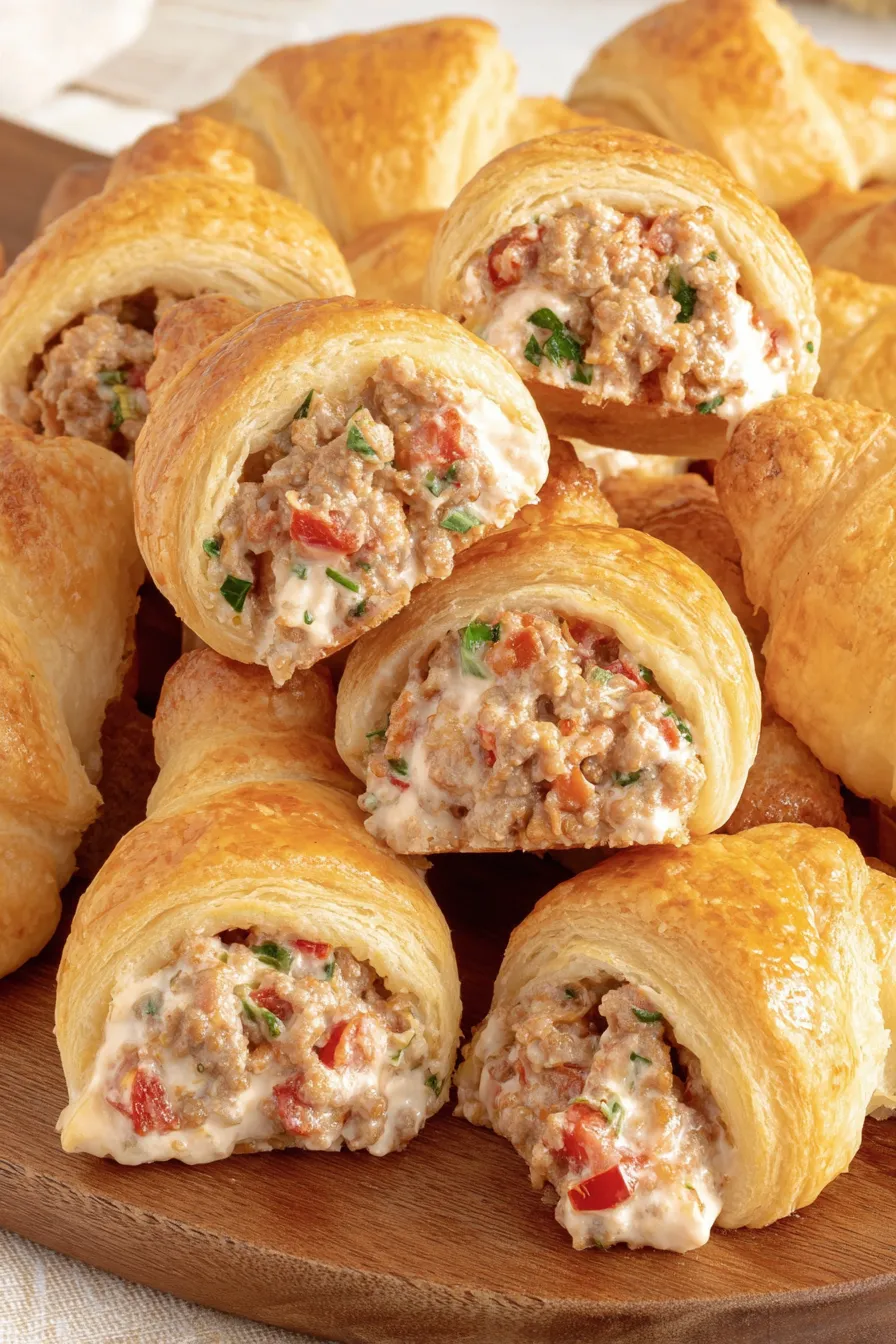 Freshly baked sausage cream cheese crescent rolls on a parchment-lined tray