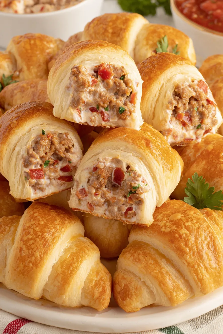 Close-up of crescent roll interior showing sausage and cream cheese filling