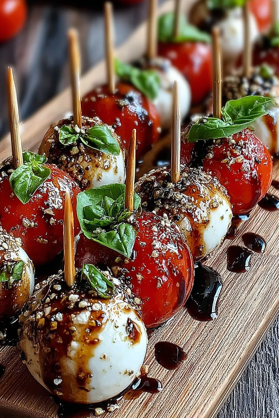 A platter of assembled mini Caprese bites with balsamic glaze