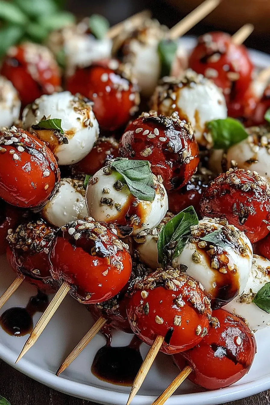 Close-up of a single caprese bite with a drizzle of balsamic glaze