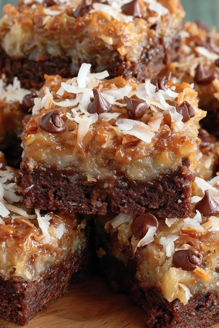 Freshly topped German chocolate brownies in a 9x9 pan