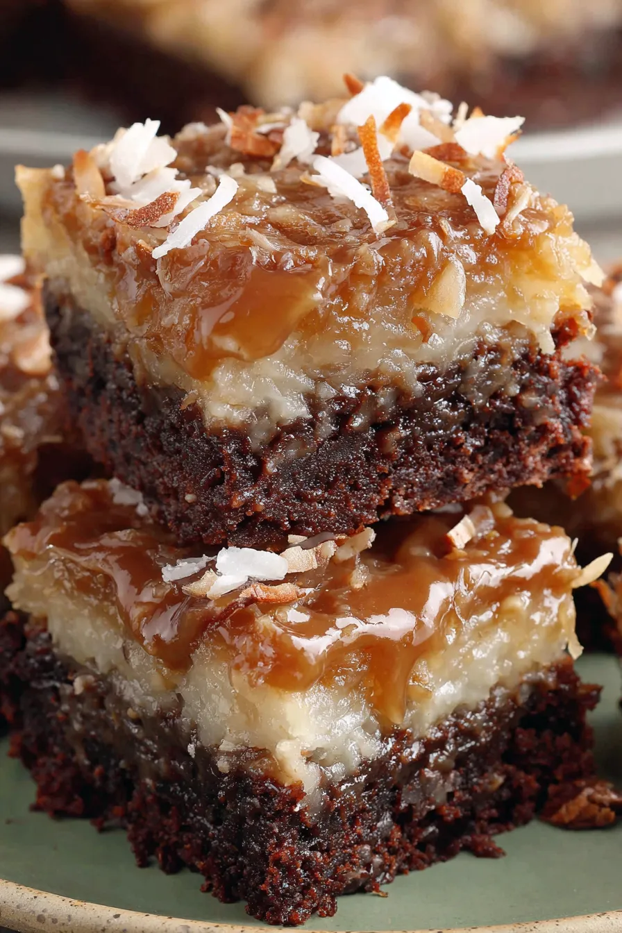 Close-up view of coconut pecan topping on brownies