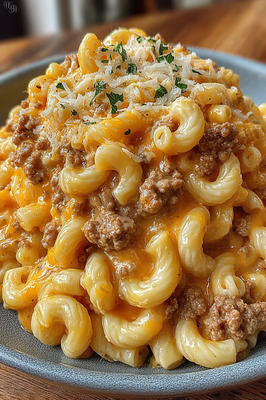 Cheesy macaroni hamburger casserole in a baking dish