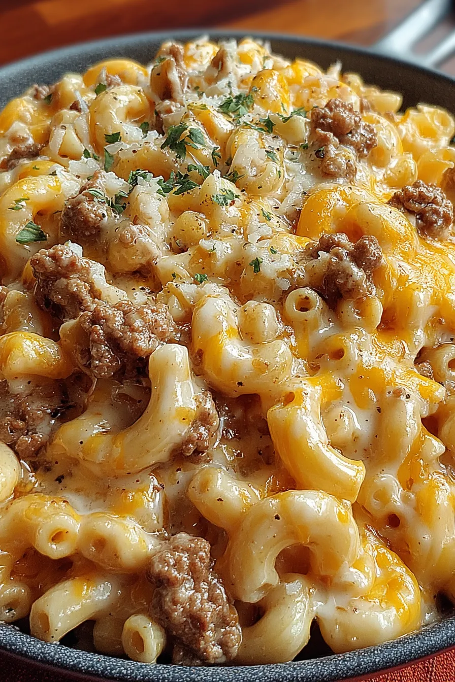 Close up of cheesy baked macaroni topped with cracker crumbs