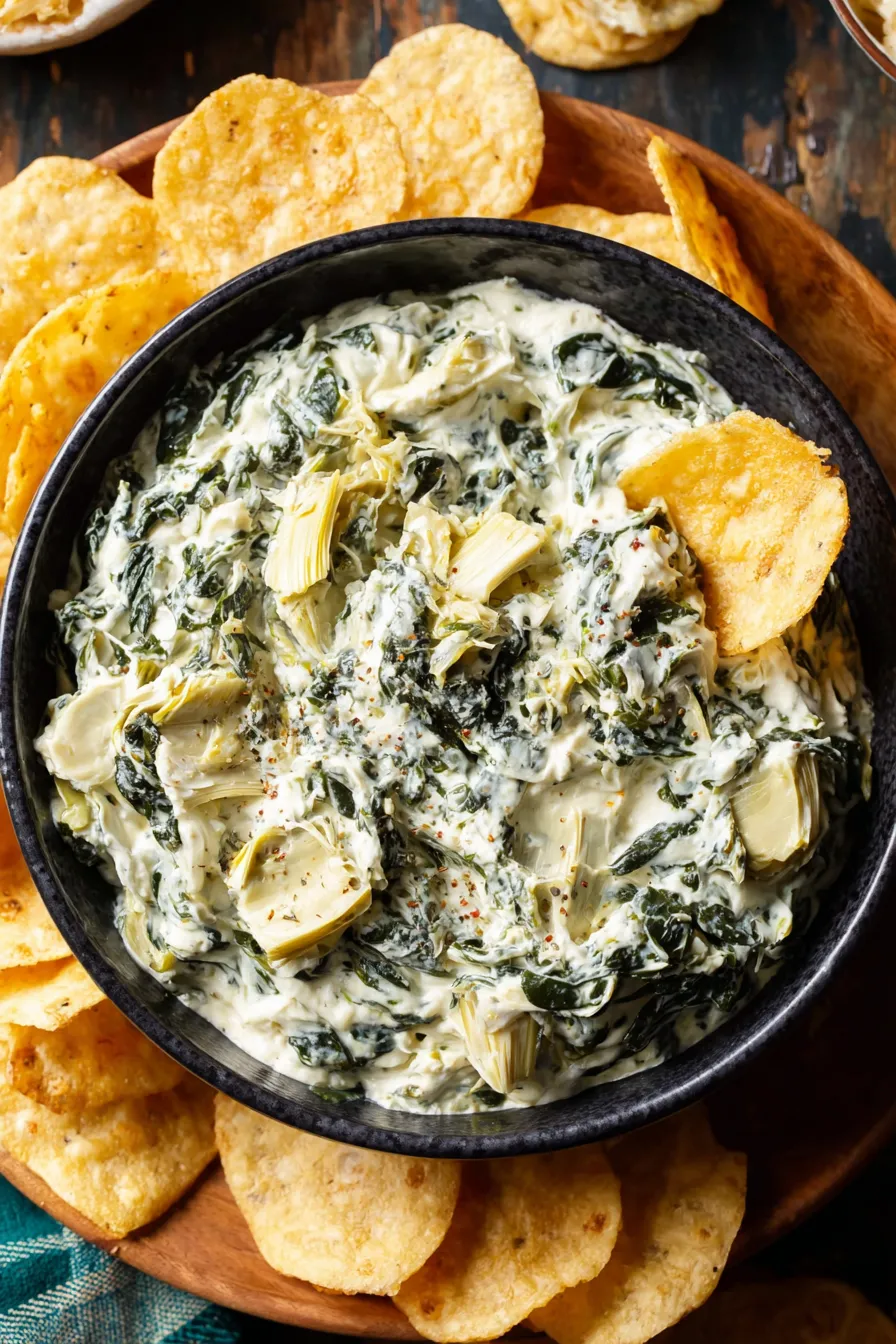 Crock pot of spinach artichoke dip bubbling