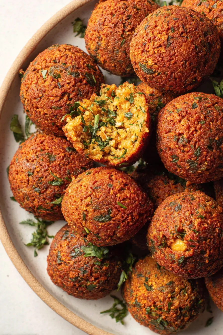 Crisp falafel frying in a skillet