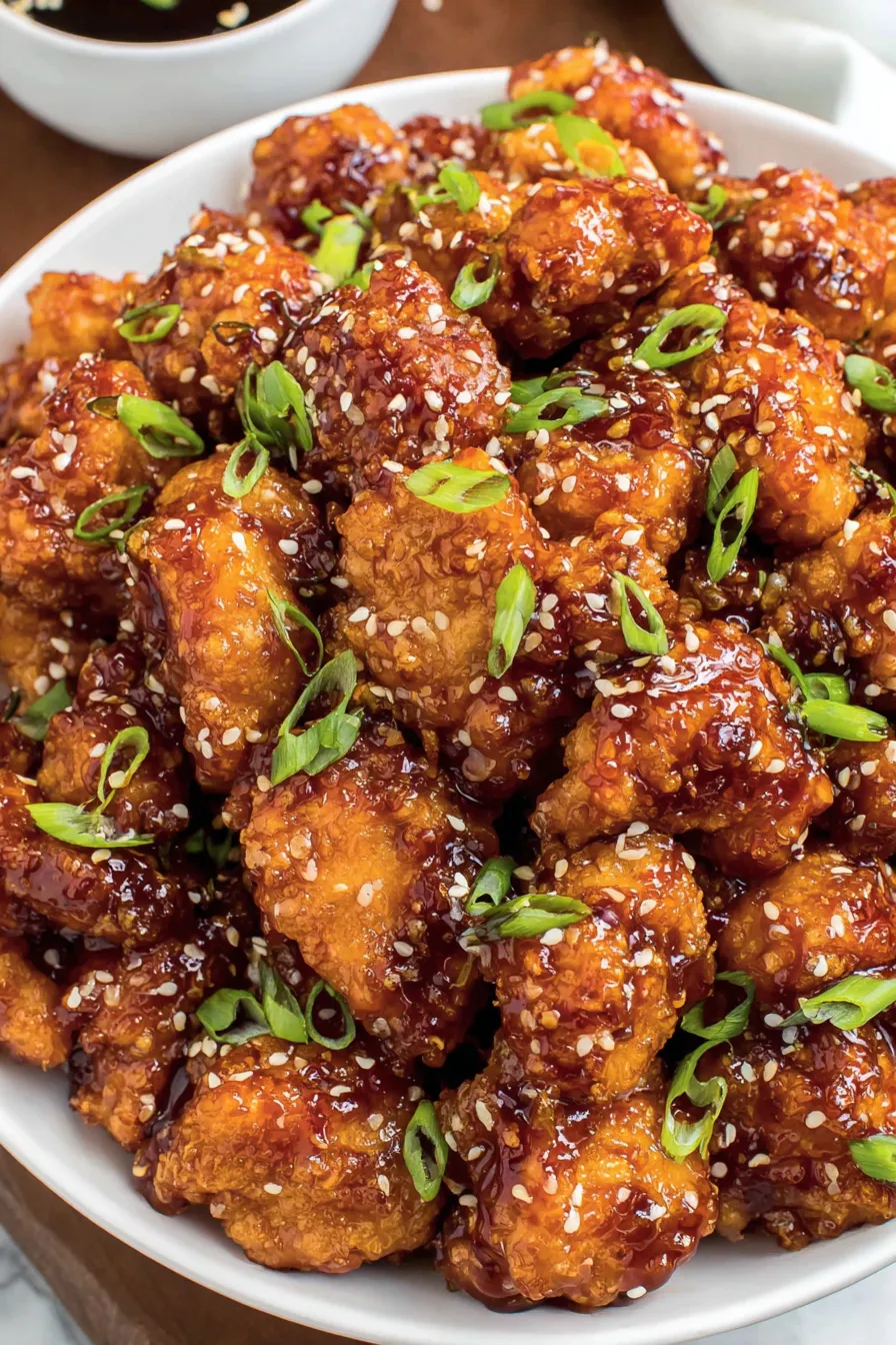 Fried General Tso chicken pieces in a bowl