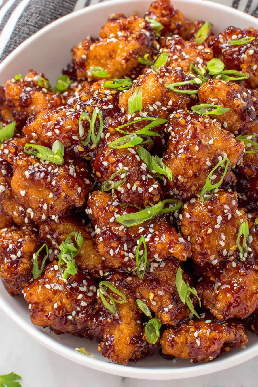 Plated General Tso chicken garnished with green onions and sesame