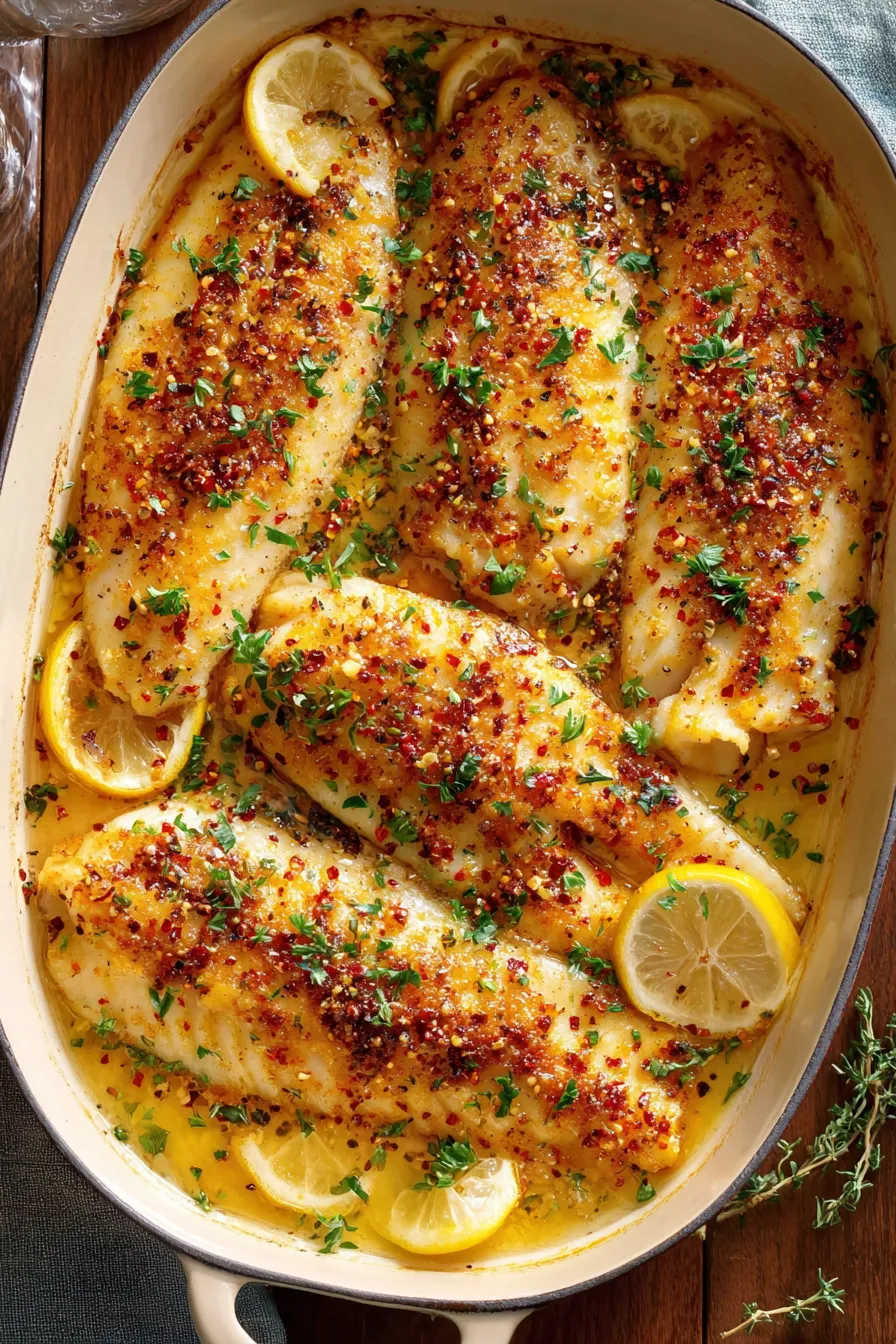 Baked lemon garlic butter tilapia in baking dish