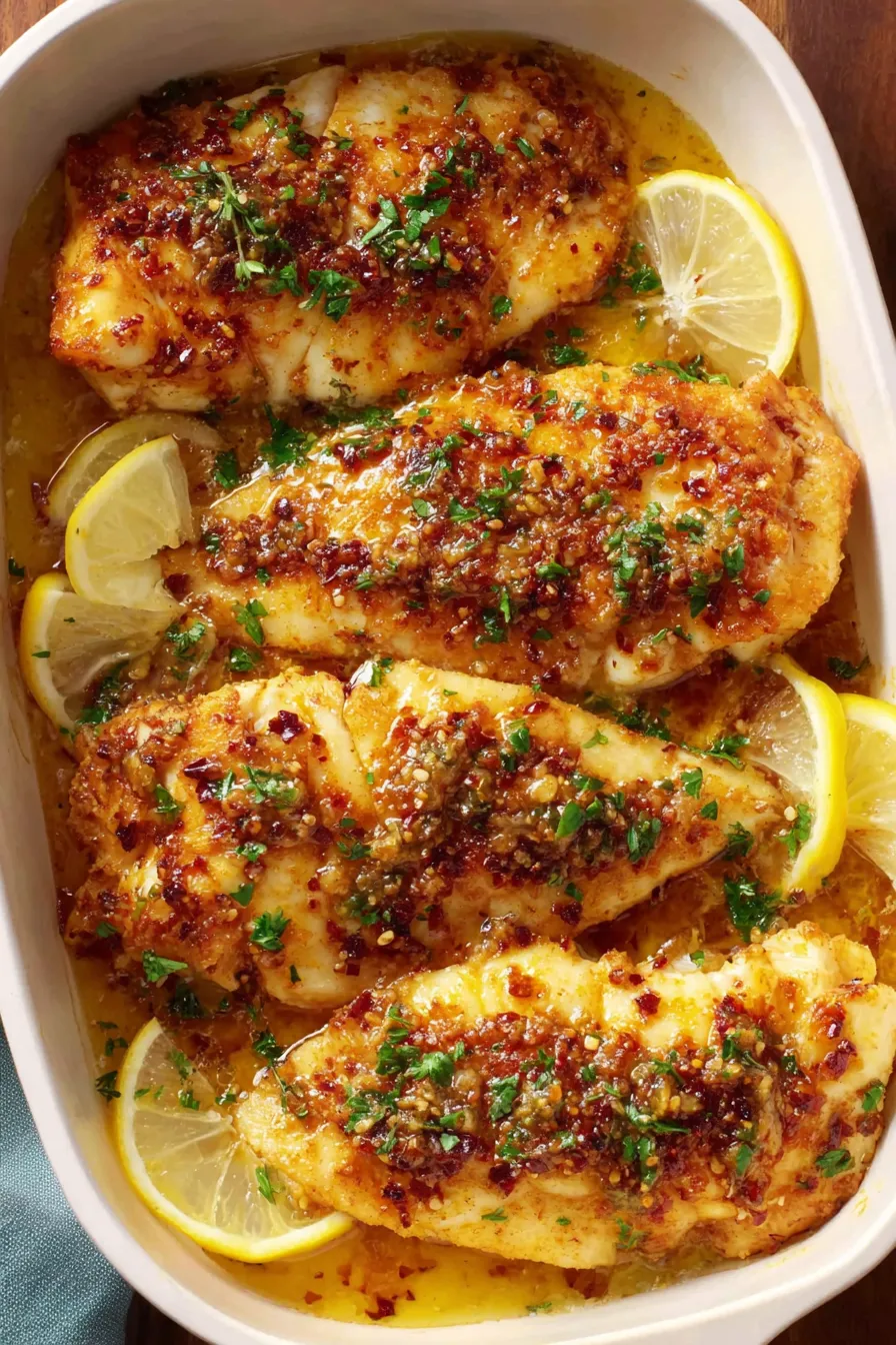 Served tilapia with lemon wedge and parsley garnish