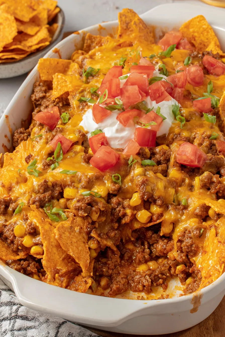 Slice of Doritos Taco Casserole plated with garnishes