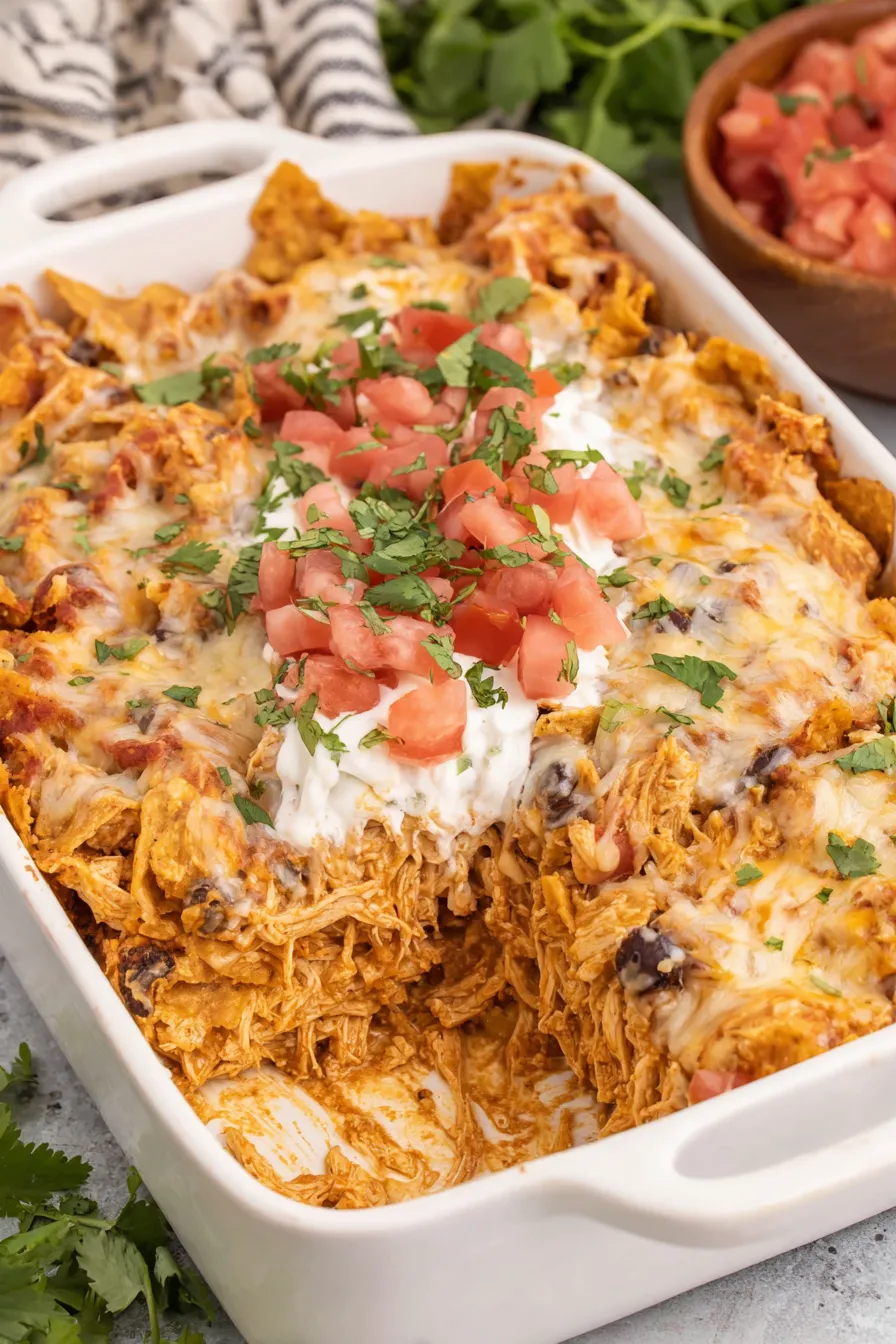 Baked Chicken Taco Casserole with melted cheese and cilantro