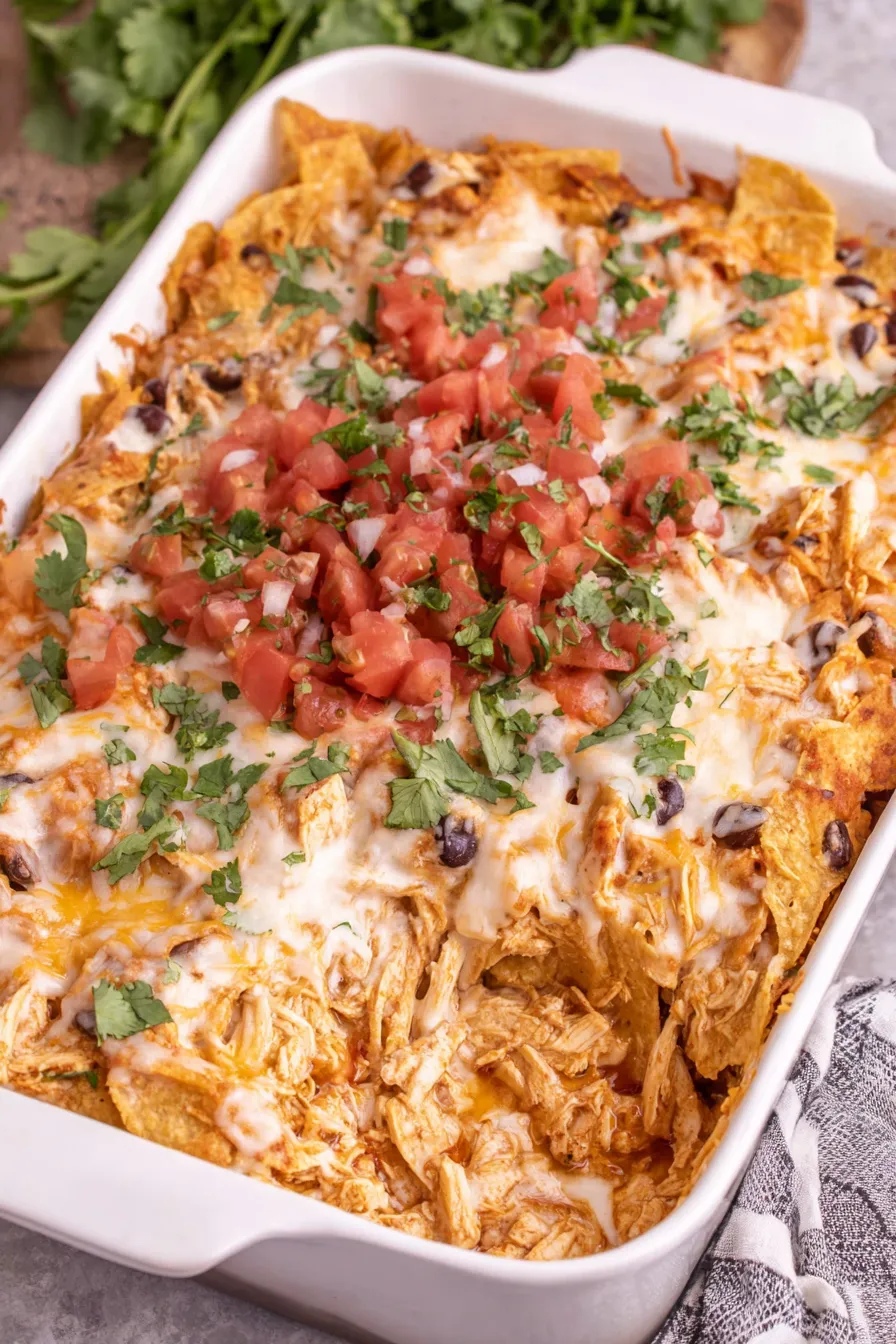 Bowl of layered Chicken Taco Casserole ingredients