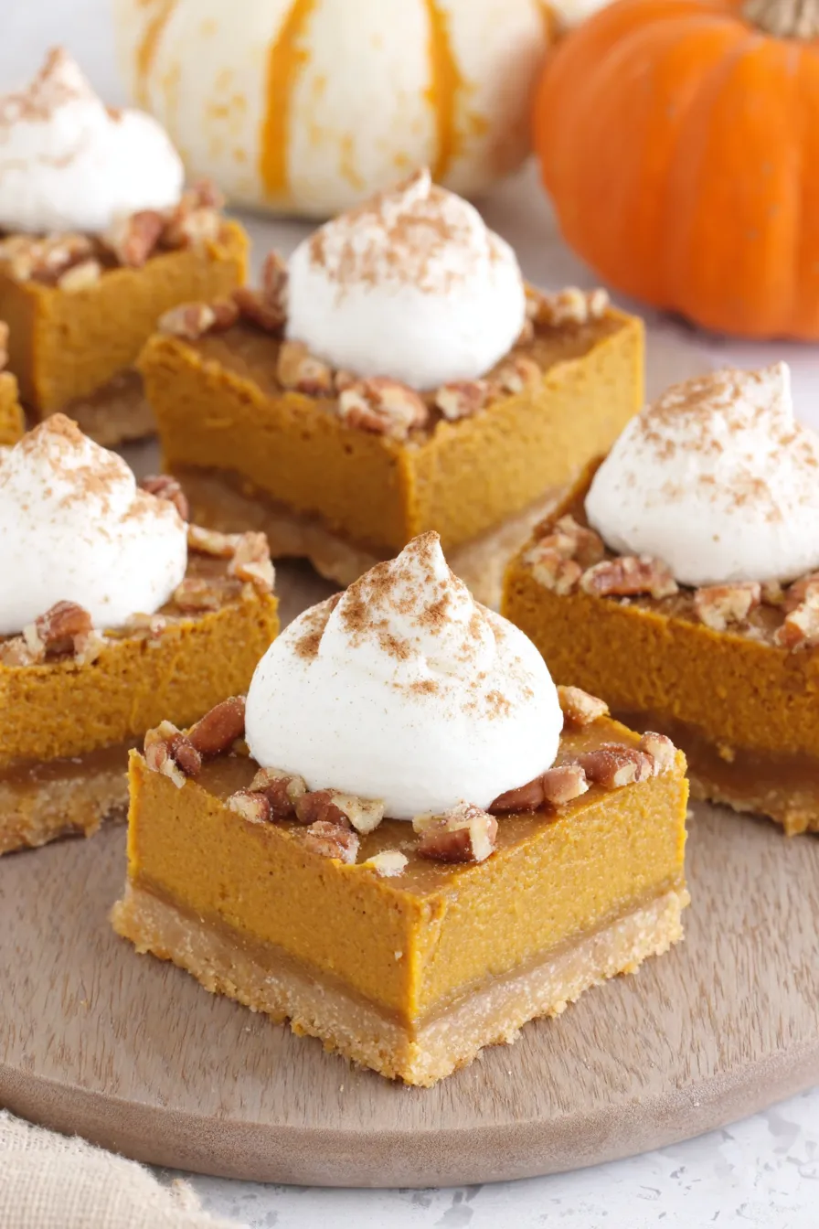 Close up of pumpkin pie bar with pecan topping
