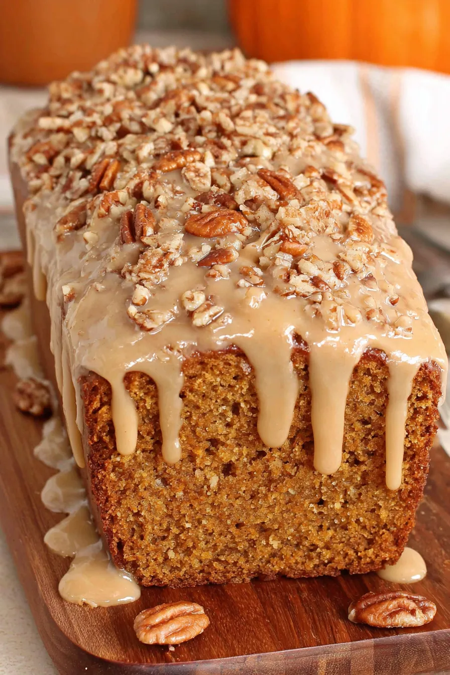 Maple pumpkin bread with pecan topping on a cooling rack