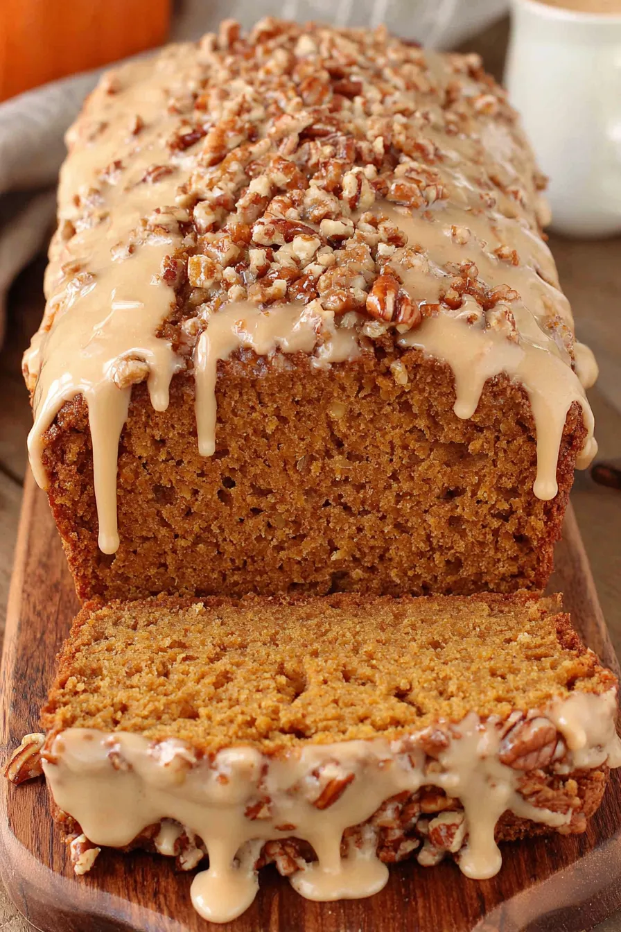 Slice of maple pumpkin bread with glaze and toasted nuts