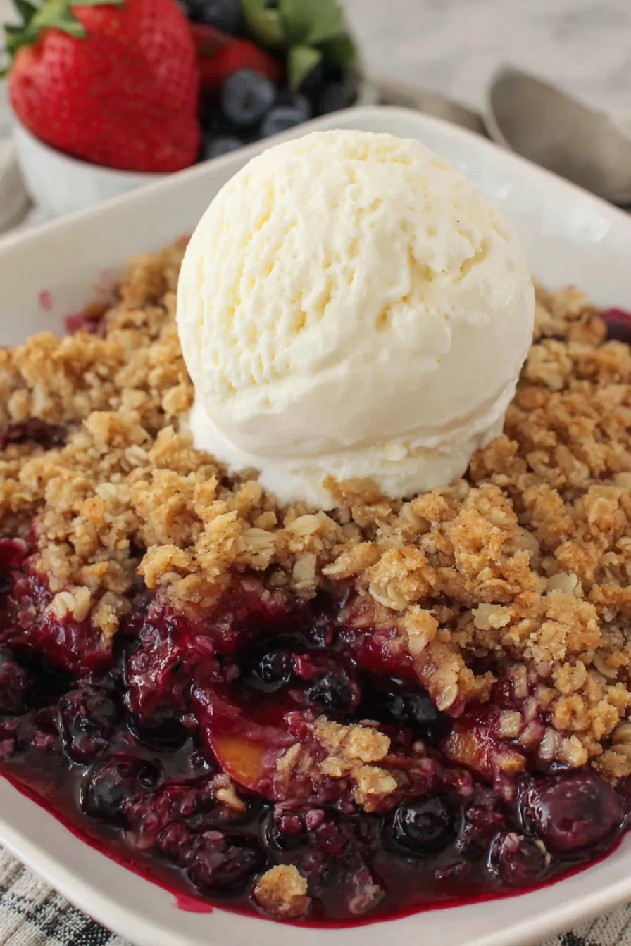 Serving of peach and blueberry crisp with ice cream