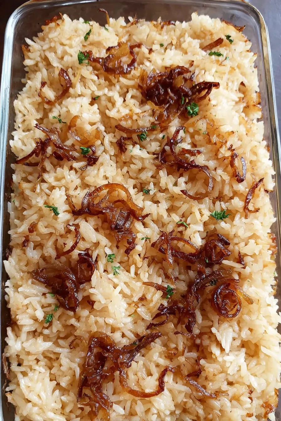 Baked French onion rice in casserole dish