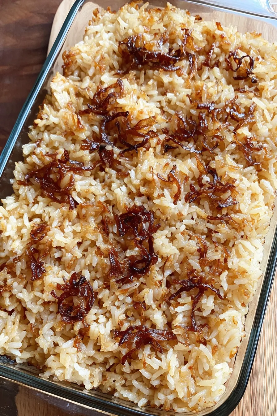 Close-up of creamy baked rice topped with melted butter