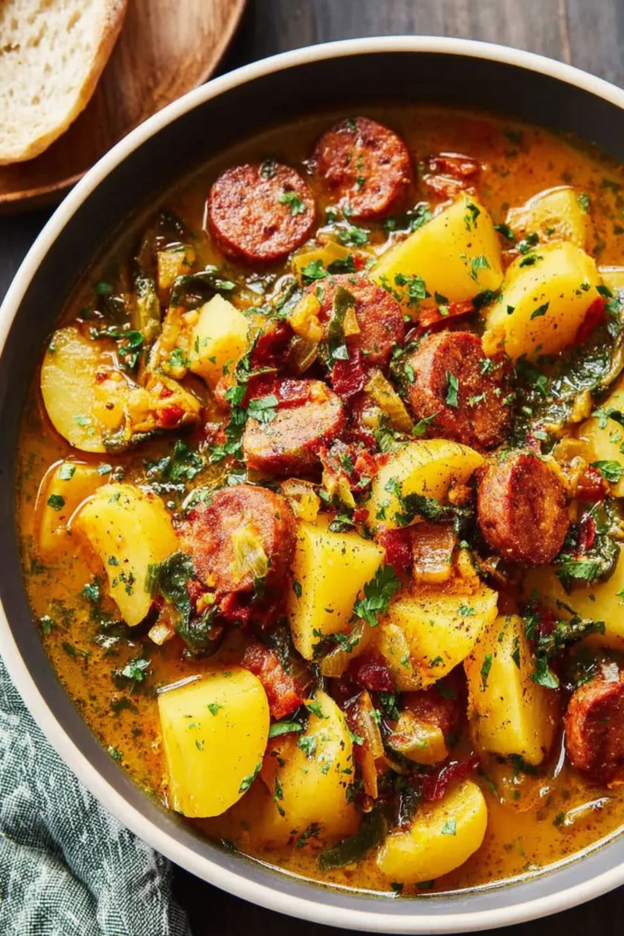 Bowl of spicy chorizo and potato soup garnished with parsley