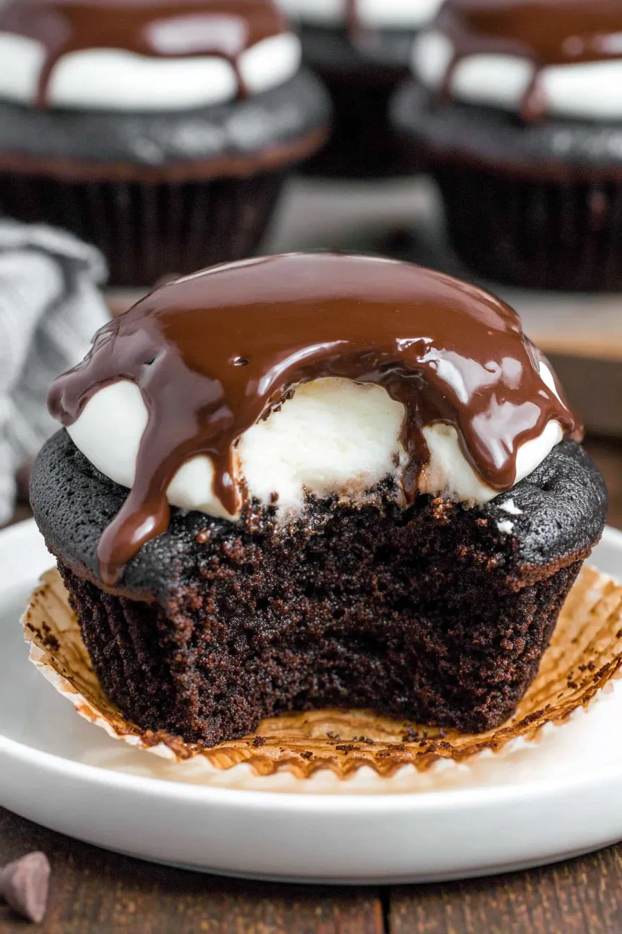 Fresh Hostess-style cupcakes with glossy ganache