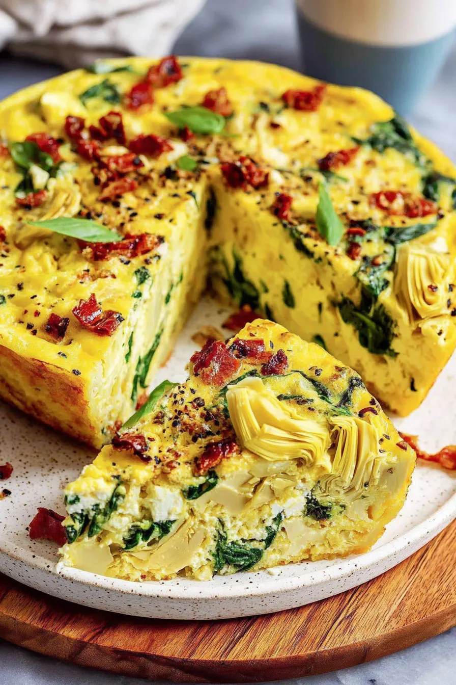 Baked spinach artichoke sun-dried tomato breakfast casserole in a 9x13 pan