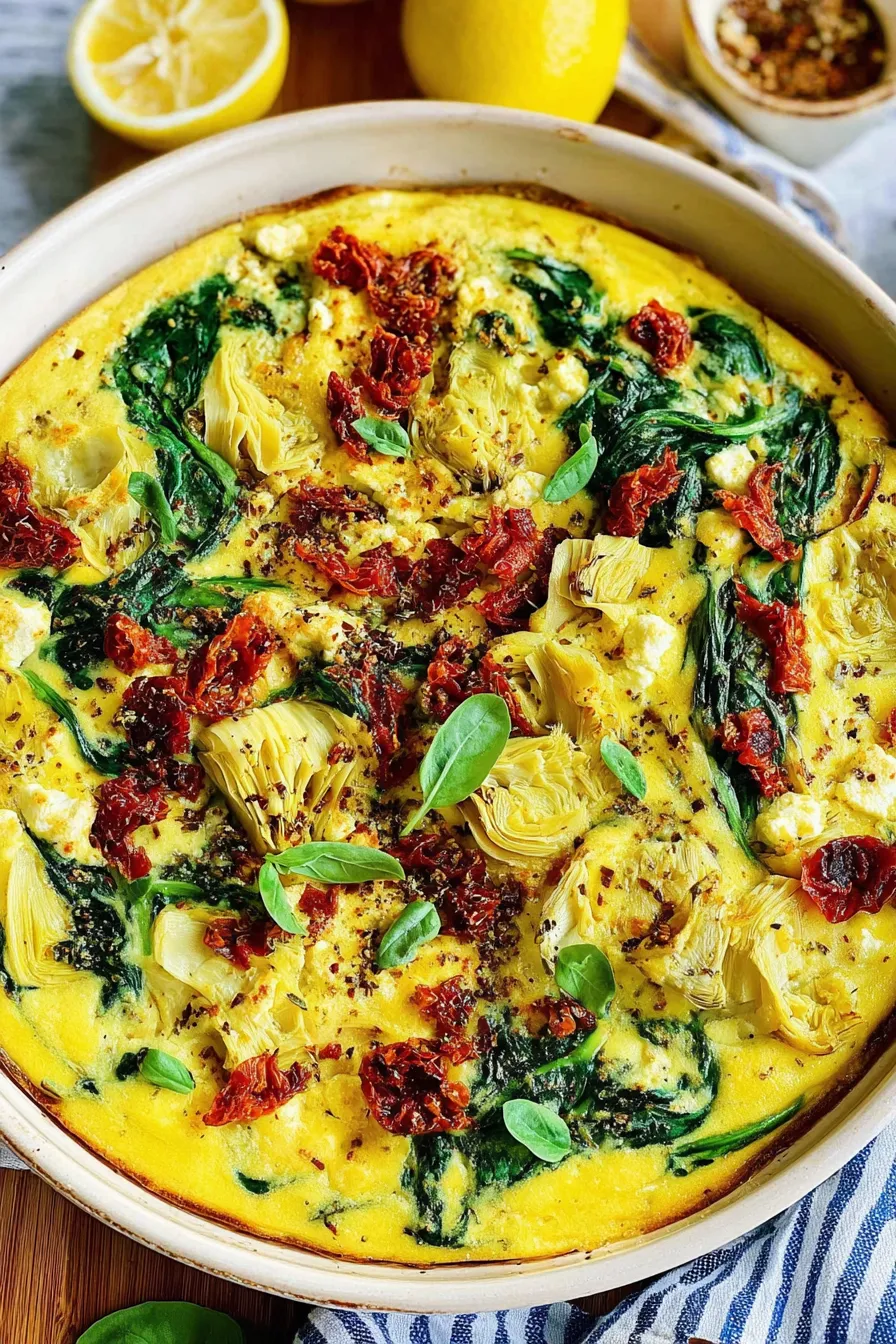 Slice of casserole plated with fresh herbs