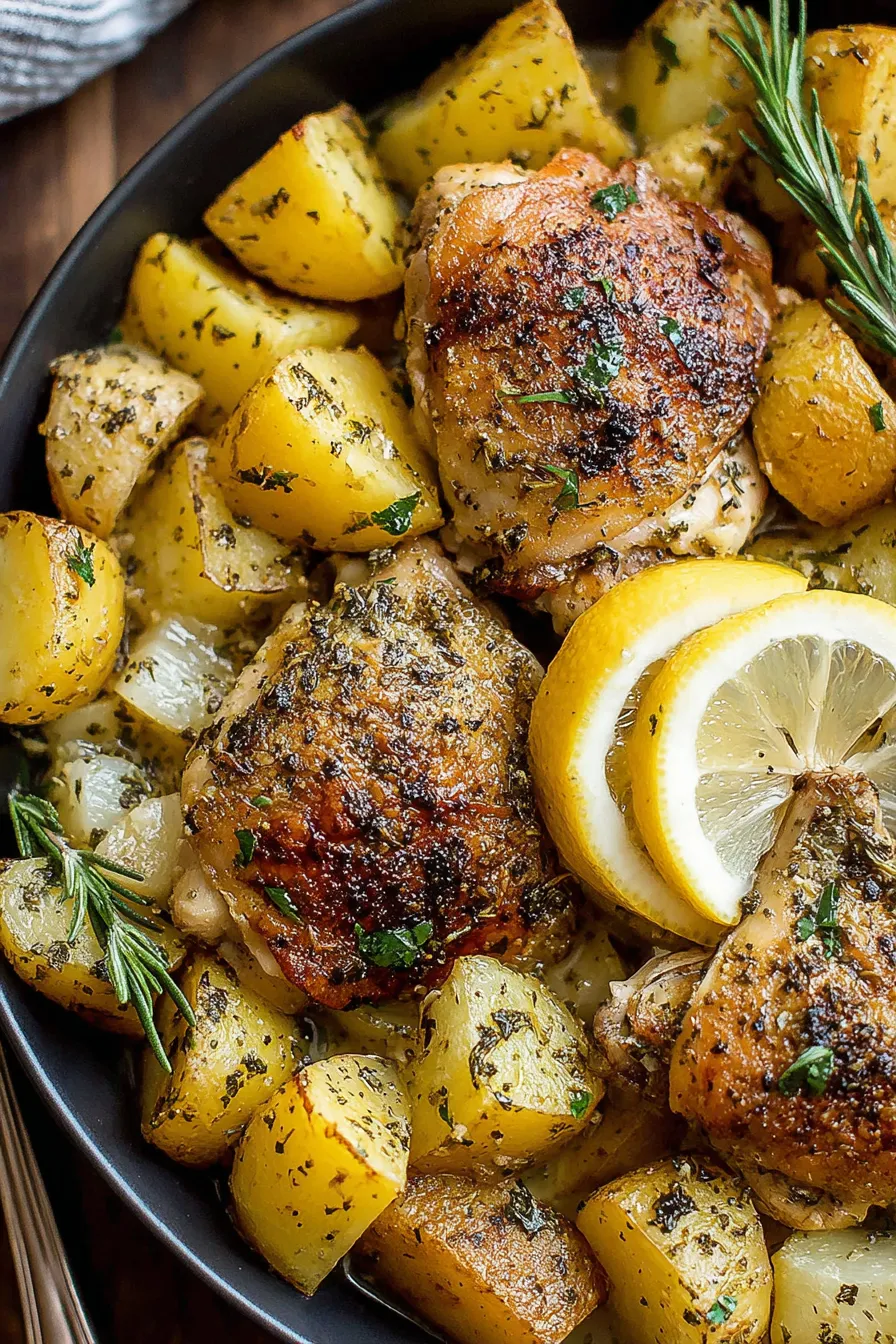 Golden seared lemon chicken resting over potatoes in slow cooker