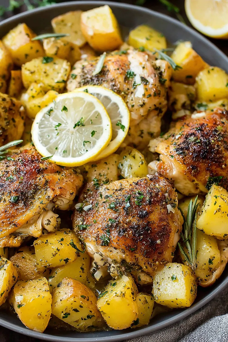 Plated lemon chicken with parsley garnish and potatoes