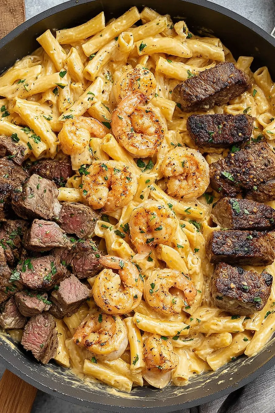 Blackened steak and shrimp alfredo in skillet